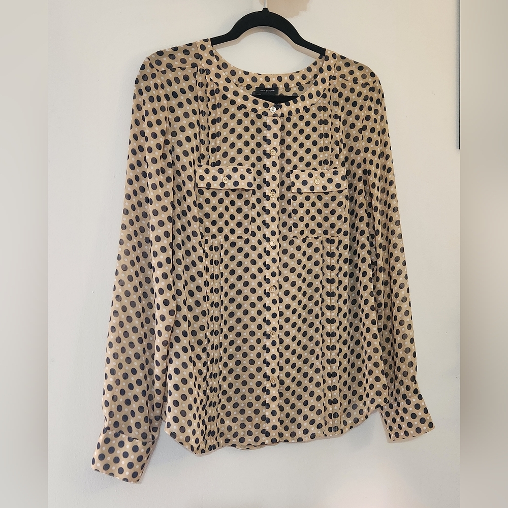 Ann Taylor Womens M Beige Polka Dot Long Sleeve Blouse